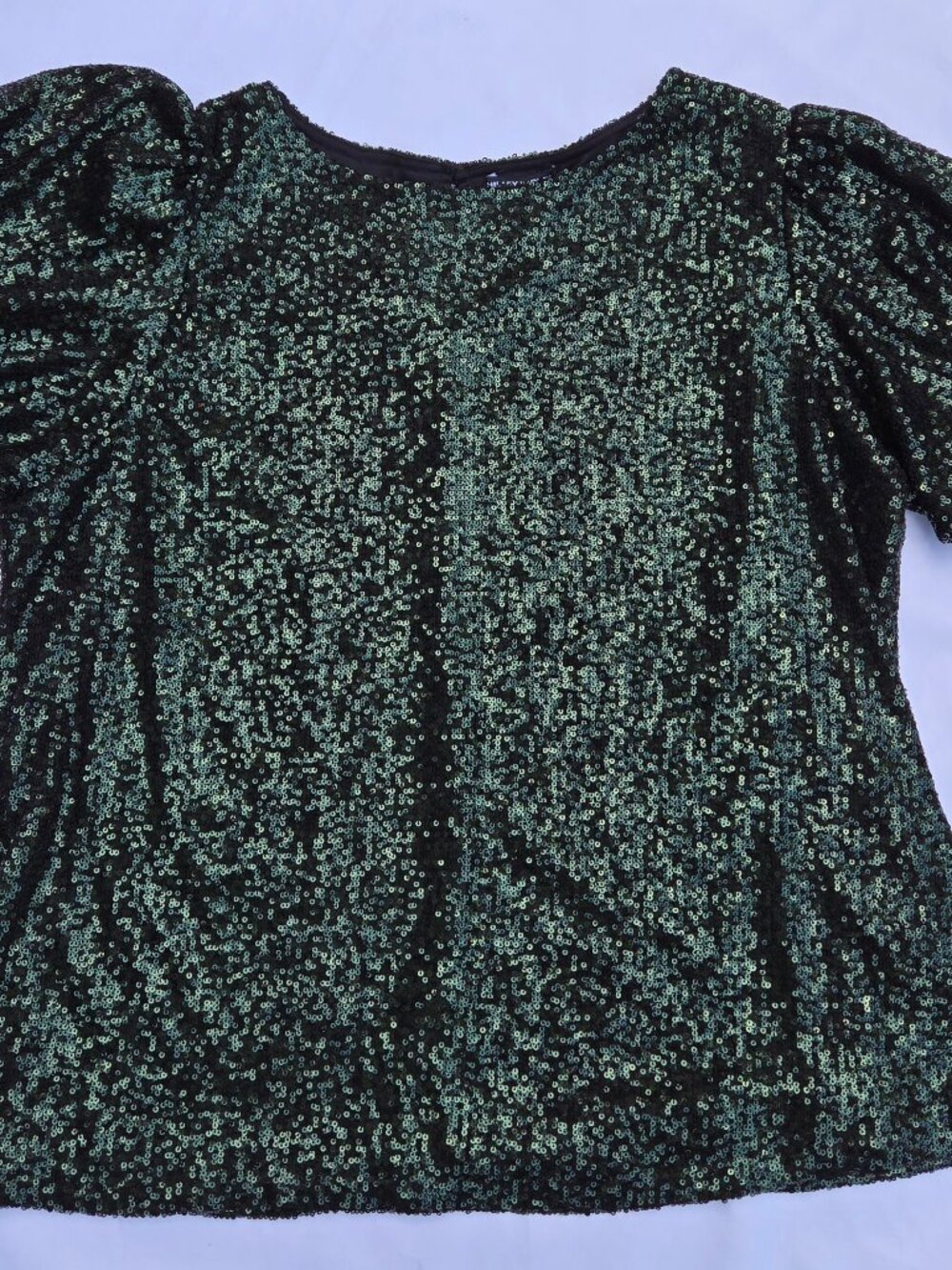 Hilary Radley - Green sequin Blouse with Flutter Sleeves. Size XL.